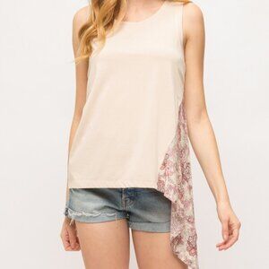 MYSTREE Women’s Beige Tank Top with Asymmetrical Floral Hem – Sleeveless Blouse